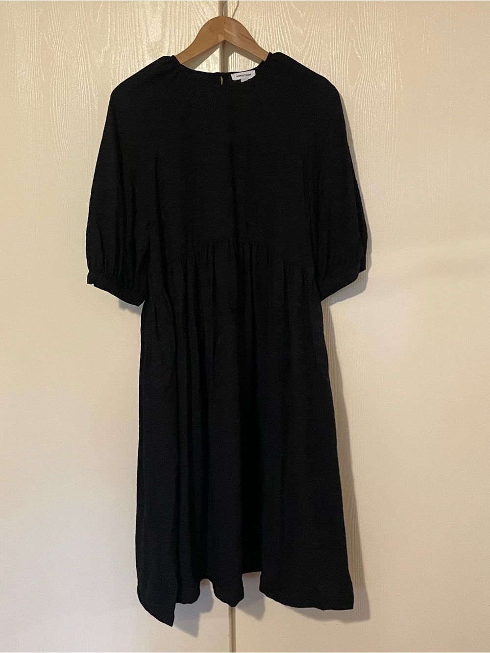 Nordstrom Puff Sleeve Babydoll Jacquard Midi Dress, Black Sz Small